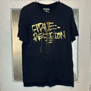 True Religion Brand Jeans Black and Gold Graffiti Style Short Sleeve Tshirt Med